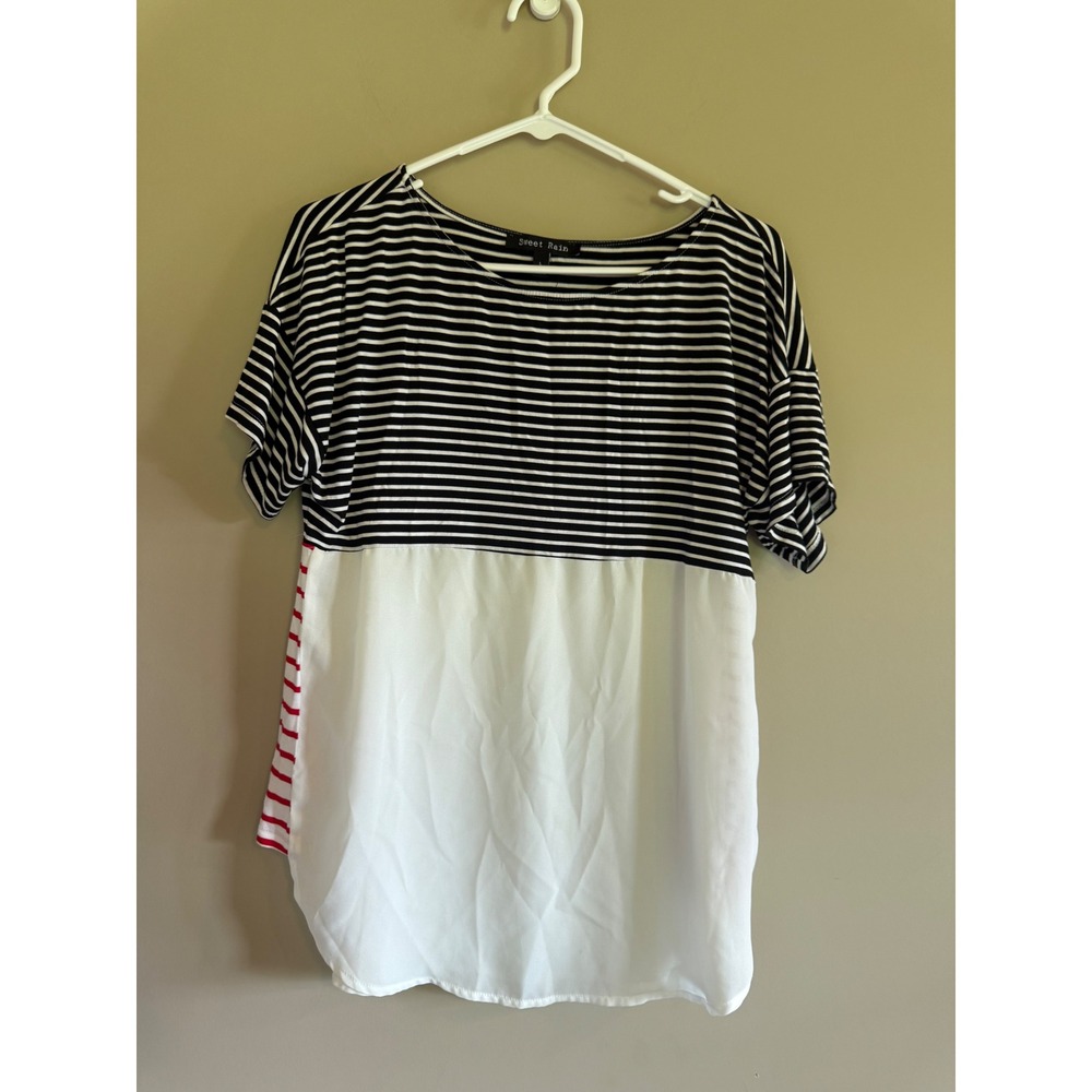 Sweet Rain Womens Large Black White Stripedâ Mixed Media Short Sleeve Blouse Top